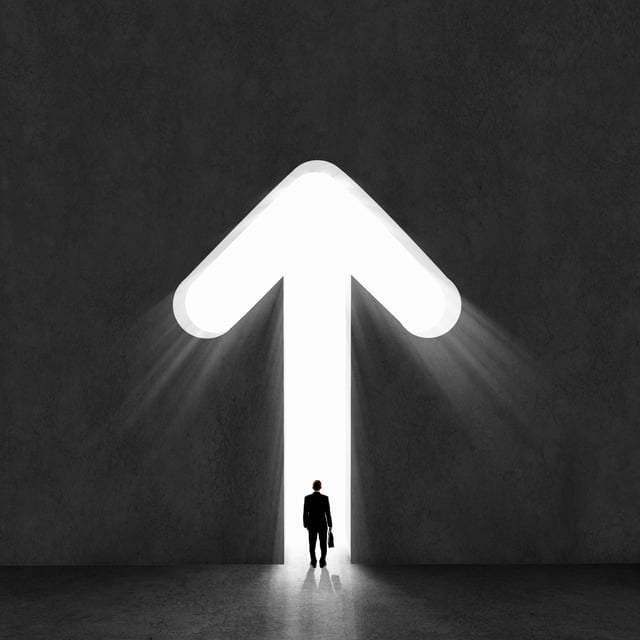 Image of man in a business suit standing in an arrow-like door